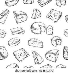 Seamless pattern with different types of cheese. Vector hand drawn 