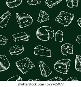 Seamless pattern with different types of cheese. Vector hand drawn 