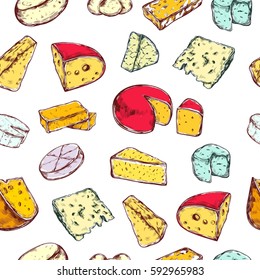 Seamless pattern with different types of cheese. Vector hand drawn 