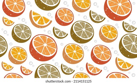 Seamless pattern with different types of citrus fruits. Retro color.