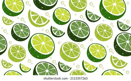 Seamless pattern with different types of citrus fruits. Halves and slices of limes and green lemons.