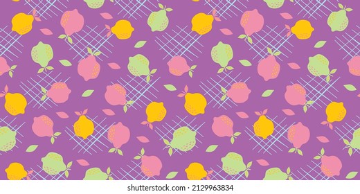 Seamless pattern with different types of citrus fruits. Retro color.