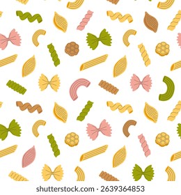 Seamless pattern with different types of colorata pasta. Minimal mediterranean food background. Italian fusilli, rotelle, conchiglie, gnocchi, farfalle, penne, macaroni. Fabric textile print. Surface 
