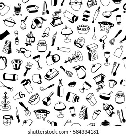 Seamless pattern with different types of cookware. Can be used for textile, website background, book cover, packaging.