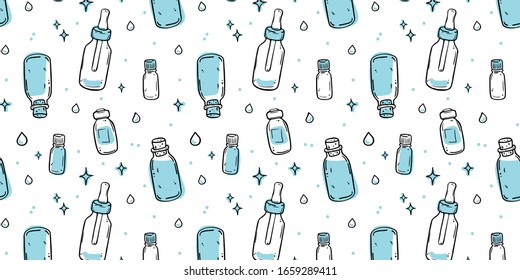Seamless pattern with different types of cosmetic bottles. Black outline on a white background.
