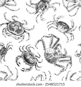 Seamless pattern with different types of crabs