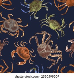 Seamless pattern with different types of crabs