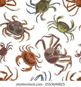 Seamless pattern with different types of crabs