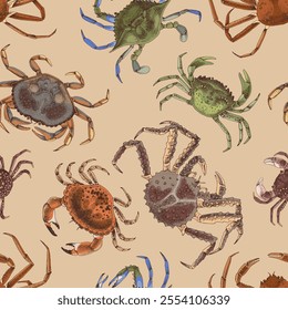 Seamless pattern with different types of crabs