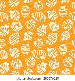 Seamless pattern with different types of cupcakes. Doodle texture with sweet desserts. Perfect background for cafe or restaurant menu. Template for design fabric, backgrounds, wrapping paper