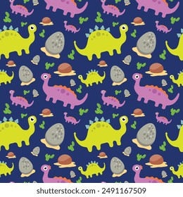 Seamless pattern with different types of cute dinosaurs, background useful for wallpaper, nursery, textile, wrapping paper, fabric