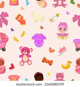 Seamless pattern with different types of cute babies, stuffs. background useful for wallpaper, nursery, textile, wrapping paper, baby shower, children design. Cartoon vector illustration