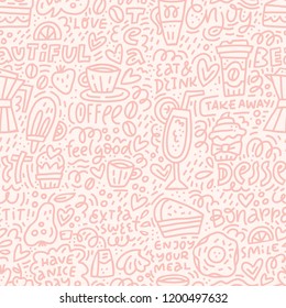 Decoración impecable con diferentes tipos de postres y cafés hechos en colores suaves. Fondo vectorial.