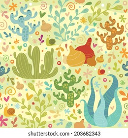 seamless pattern of different types of fairy forest plants and heart and snail vector