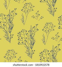 Seamless pattern of different types of field herbs and branches. For paper, covers, fabric, gift wrapping, wall painting, decorative interior design. Vector design.