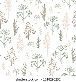 Seamless pattern of different types of field herbs and branches. For paper, covers, fabric, gift wrapping, wall painting, decorative interior design. Vector design.