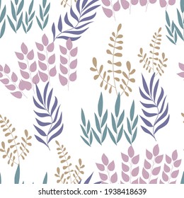 Seamless pattern of different types of field grasses and branches. Plant ornament of simple botanical elements.  Concept of ecology, environment, nature conservation. For paper, covers, fabrics.