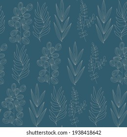 Seamless pattern of different types of field grasses and branches. Plant ornament from elements line art.  Concept of ecology, environment, nature conservation. For paper, covers, fabrics. Vector