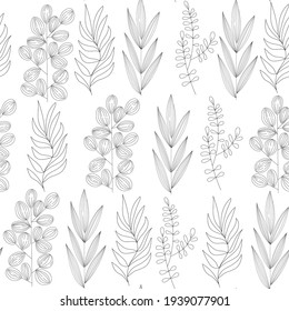 Seamless pattern of different types of field grasses and branches. Plant ornament from elements line art.  Concept of ecology, environment, nature conservation. For paper, covers, fabrics. Vector