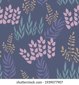 Seamless pattern of different types of field grasses and branches. Plant ornament of simple botanical elements.  Concept of ecology, environment, nature conservation. For paper, covers, fabrics.