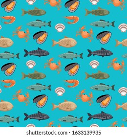 Seamless pattern with different types of fish onblue background. Underwater animals. Vector flat illustration.