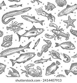 Seamless pattern different types fish and crustacean. Shell, cuttlefish, oyster, tilapia, trout, tuna, salmon, anchovy, eel, sardine, lobster, crab, shrimp. Vector engraving vintage illustrations