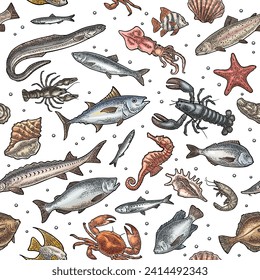 Seamless pattern different types fish and crustacean. Shell, cuttlefish, oyster, tilapia, trout, tuna, salmon, anchovy, eel, sardine, lobster, crab, shrimp. Vector color engraving vintage illustration