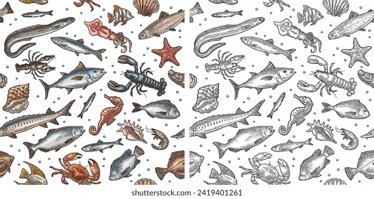 Seamless pattern different types fish and crustacean. Shell, cuttlefish, oyster, tilapia, trout, tuna, salmon, anchovy, eel, sardine, lobster, crab, shrimp. Vector color engraving vintage illustration