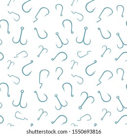 Seamless pattern with different types of fishing hooks on white background. Fishing texture. Flat design. Vector illustration.