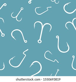Seamless pattern with different types of fishing hooks on watercolor background. Fishing texture. Flat design. Vector illustration.