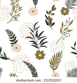 Seamless pattern of different types of flowers and plants on a white background