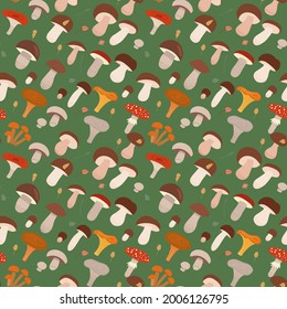 Seamless pattern with different types of forest mushrooms. Flat cartoon vector illustration on green background. Decorative repeatable texture with wild forest mushrooms.