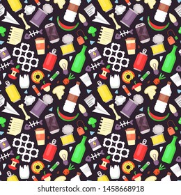 Seamless pattern with different types of garbage. Flat style vector illustration