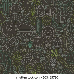 Seamless pattern with different types of healthy food - vegetables, fruits, seafood, eggs, meat. 