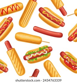 Seamless pattern different types hotdog and corndog with with tomato, ketchup, mayo, leave lettuce, cucumber, mustard, onion. Vector flat color illustration isolated on white background