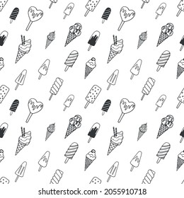 Seamless pattern. Different types of ice creams. Outline drawing.