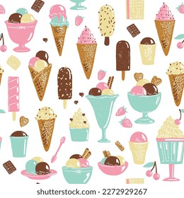 Seamless pattern with different types of ice cream, sketch illustration.
