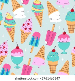 Seamless pattern with different types of ice cream. Vector graphics.