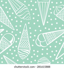Seamless pattern with different types of ice cream. Doodle texture with sweet desserts. Perfect background for cafe or restaurant menu