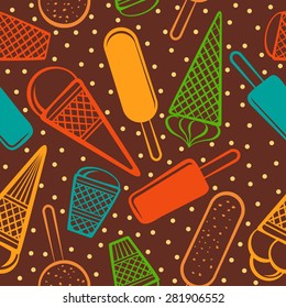 Seamless pattern with different types of ice cream. Doodle texture with sweet desserts. Perfect background for cafe or restaurant menu. Template for design fabric, backgrounds, wrapping paper