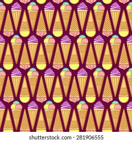 Seamless pattern with different types of ice cream. Doodle texture with sweet desserts. Perfect background for cafe or restaurant menu. Template for design fabric, backgrounds, wrapping paper