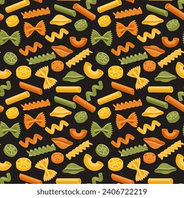 Seamless pattern with different types of Italian pasta. Food background, restaurant menu. Vector