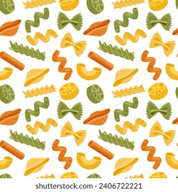 Seamless pattern with different types of Italian pasta. Food background, restaurant menu. Vector