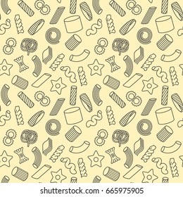 Seamless pattern with different types of Italian pasta for menu background of restaurant or cafe. Thin line vector illustration.