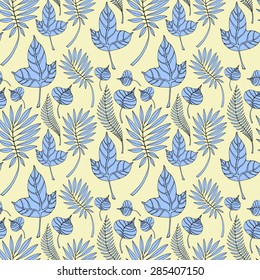 Seamless pattern with different types of leaves. Blue leaves on yellow background.