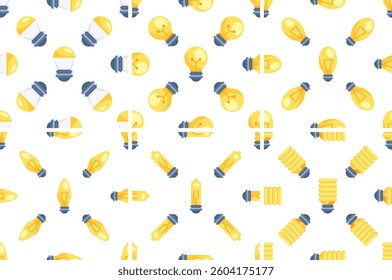 Seamless pattern with different types of light bulbs representing ideas and innovation