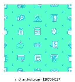 Seamless pattern with different types of money and finance. Cute type of bank icon and green and blue color. Template for design fabric, backgrounds, wrapping paper.