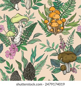 Seamless pattern with different types of mushrooms, flowers and plants. Vector illustration