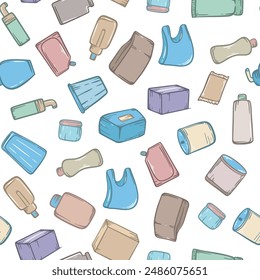 Seamless pattern with different types of packaging. Background with paper bags, bottles, containers, boxes, packaging. Print with products vector graphics