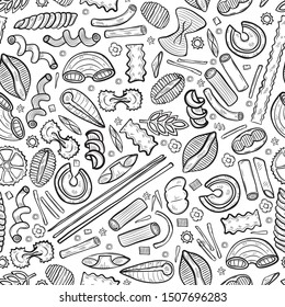 Seamless pattern with different types of pasta. Vector food illustration. May use as a coloring page